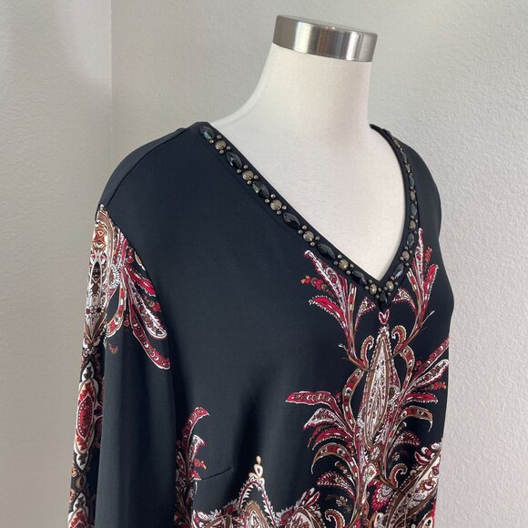 Susan Graver Artisan Womens Plus 2X V Neck Embellished Tunic Top Liquid Knit - Picture 2 of 11